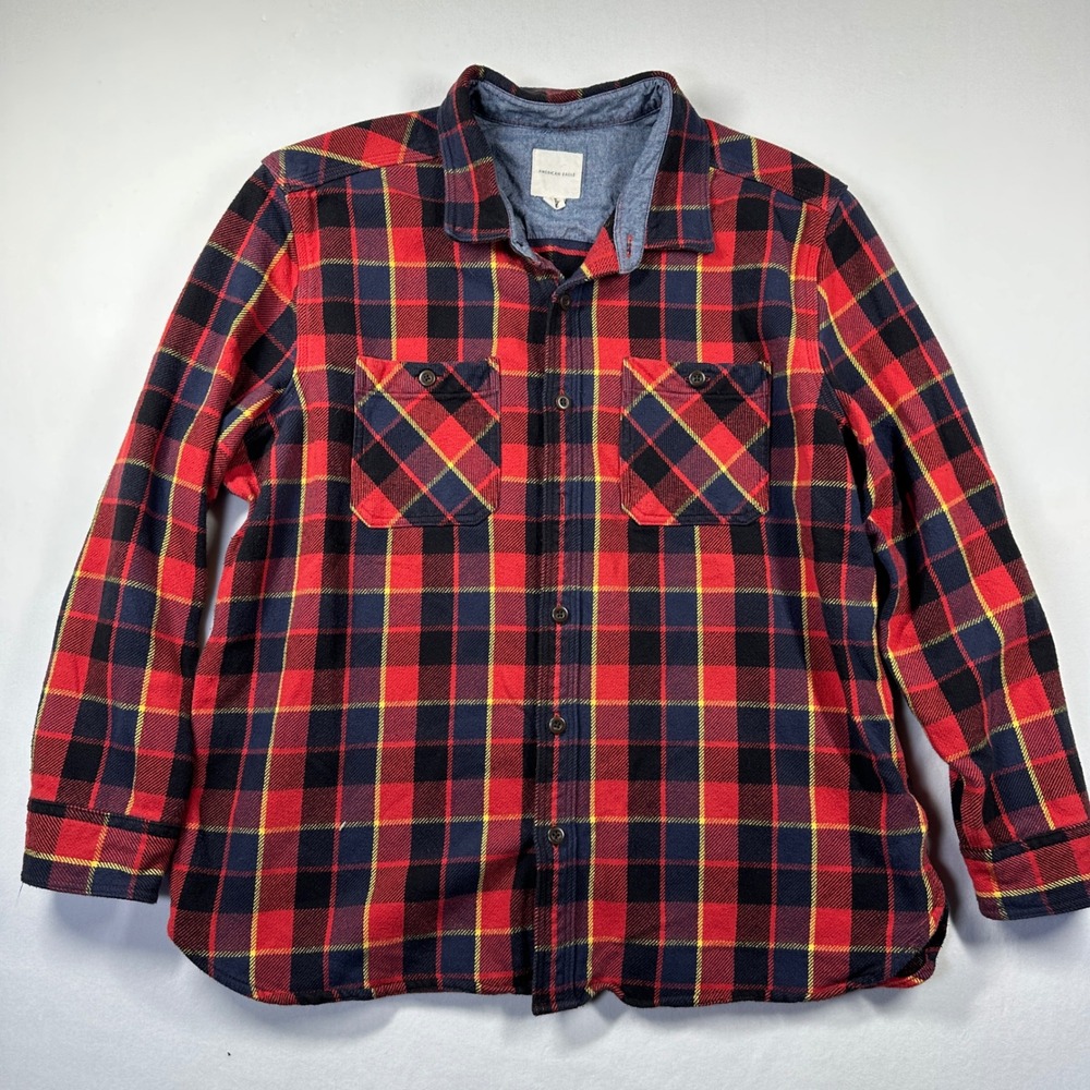 American Eagle Buffalo Plaid Flannel Shirt XL-XXL Lumberjack Bright Shacket Red - Picture 2 of 9